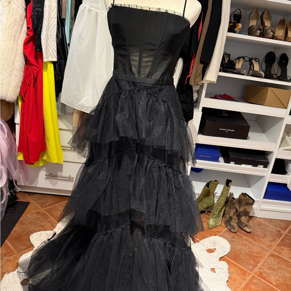 BCBGMaxAzria Black Ruffled Bustier Cocktail Gown